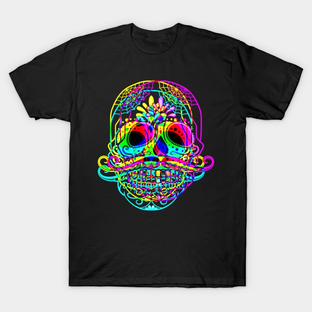 Mustache Sugar Skull - crossed neon colored T-Shirt by EDDArt